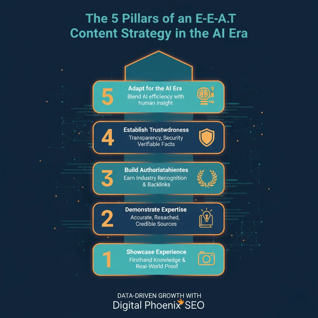 Portrait infographic illustrating the 5 Pillars of an E-E-A-T content strategy—Experience, Expertise, Authoritativeness, Trustworthiness, and Adaptation for the AI Era—to build authority and boost search rankings.