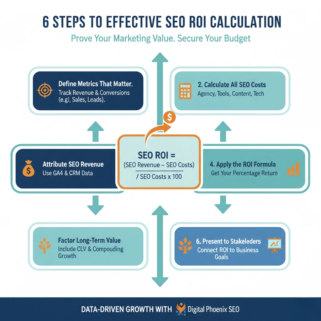 Infographic detailing the 6 essential steps for SEO ROI calculation to prove marketing value and justify your budget.