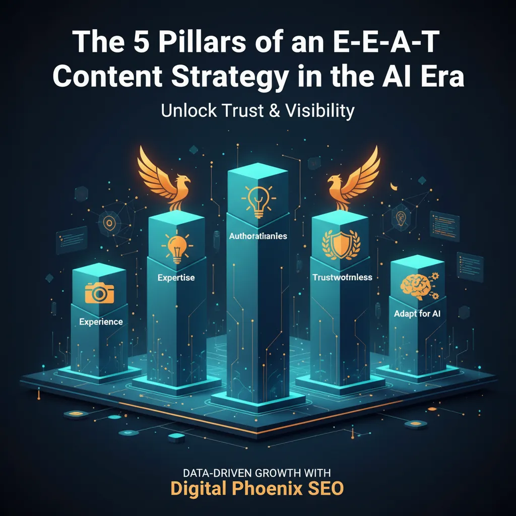 A visual representation of the E-E-A-T content strategy principles—Experience, Expertise, Authoritativeness, and Trustworthiness—forming a strong foundation in the context of AI-driven search.